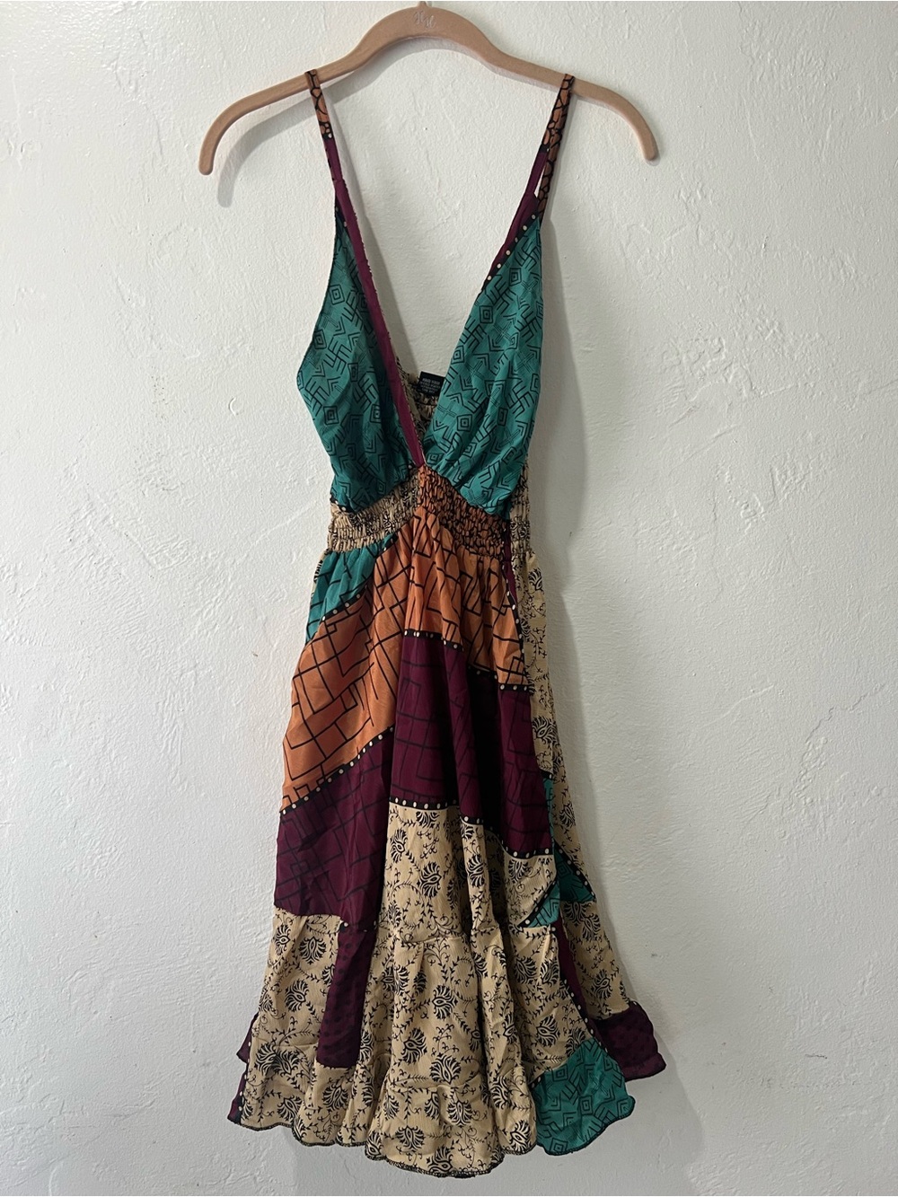 Zury Boho Patchwork V-Neck Silk Sundress in Teal, Maroon & Tan